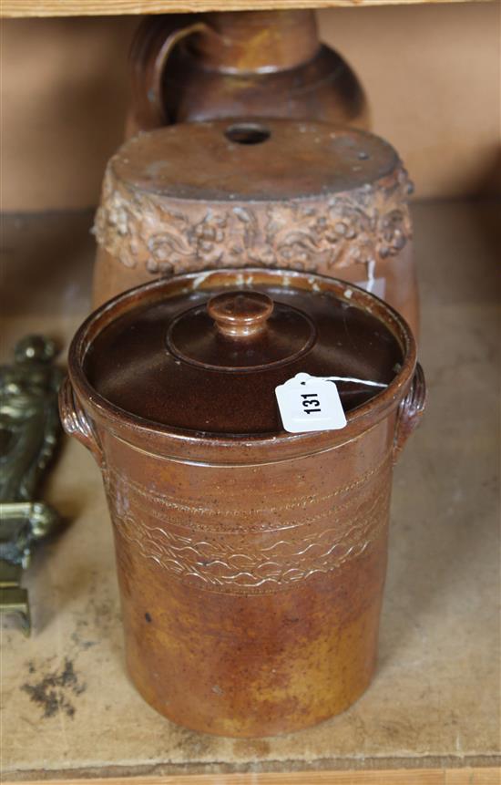 Lett of Lambeth stoneware spirit barrel, a large 19C stoneware jug and a pottery storage jar (faults)